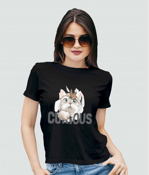 Дамска тениска с щампа Текст и надписи Curious Kitty